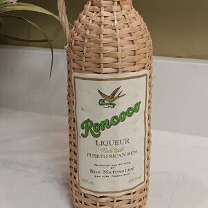 Roncoco Vintage Wicker Wrapped Green Liquor Bottle - Empty